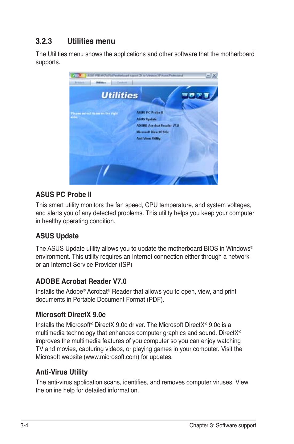 3 utilities menu, Asus pc probe ii, Asus update | Adobe acrobat reader v7.0, Microsoft directx 9.0c, Anti-virus utility | Asus P5B-MX/WIFI-AP User Manual | Page 88 / 94