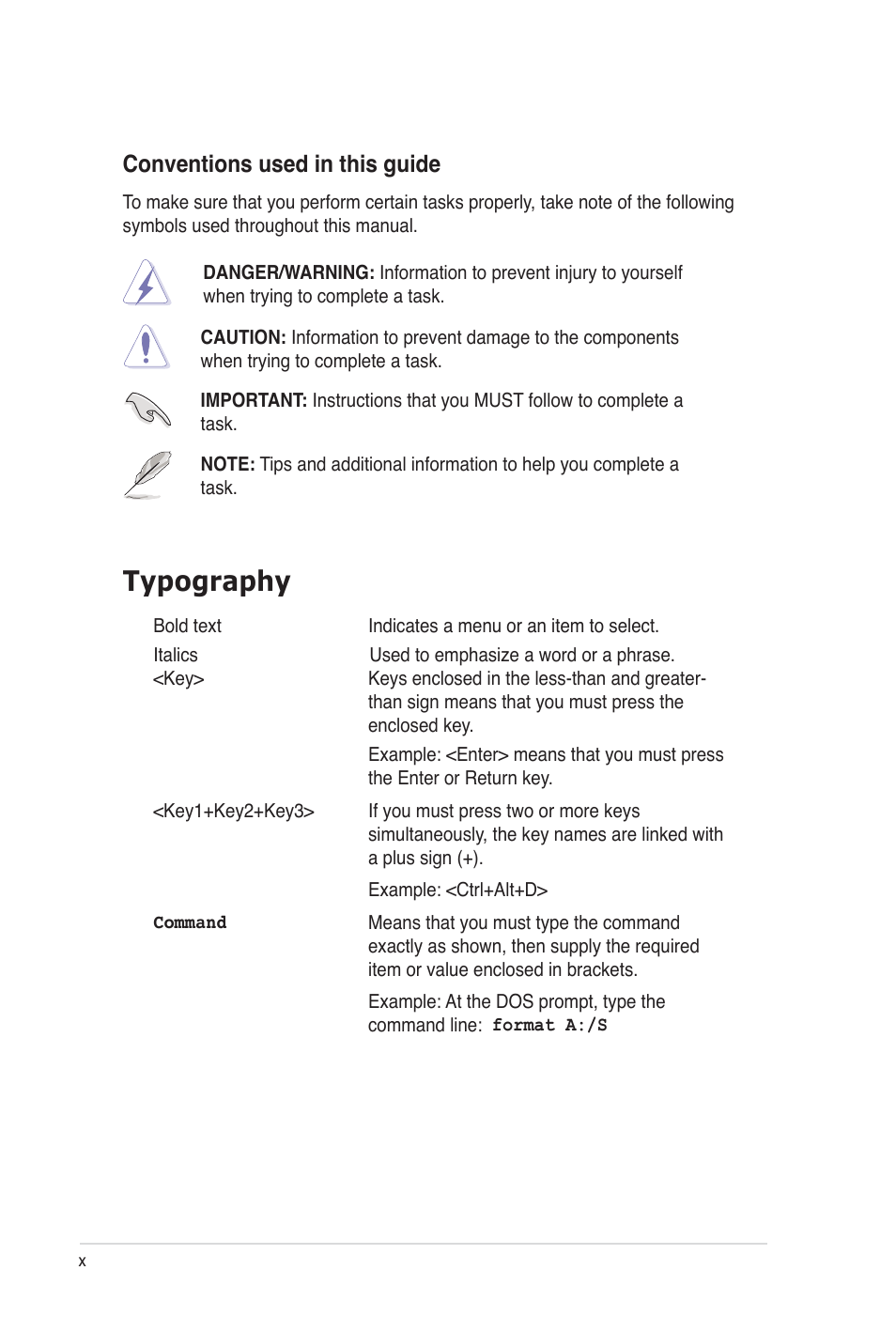 Typography, Conventions used in this guide | Asus Z8PE-D12 User Manual | Page 10 / 170