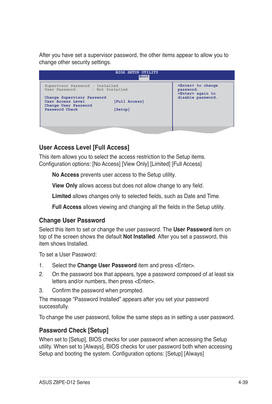 User access level [full access, Change user password, Password check [setup | Asus Z8PE-D12 User Manual | Page 105 / 170