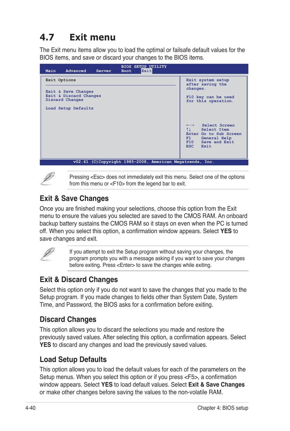 7 exit menu, Exit & save changes, Exit & discard changes | Discard changes, Load setup defaults | Asus Z8PE-D12 User Manual | Page 106 / 170