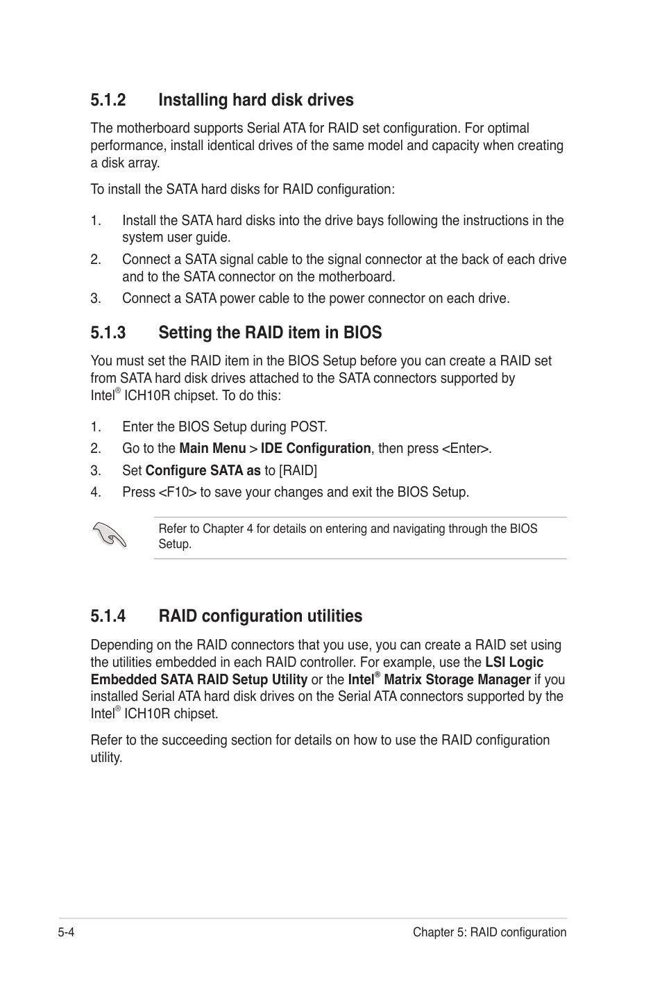 2 installing hard disk drives, 3 setting the raid item in bios, 4 raid configuration utilities | Asus Z8PE-D12 User Manual | Page 110 / 170