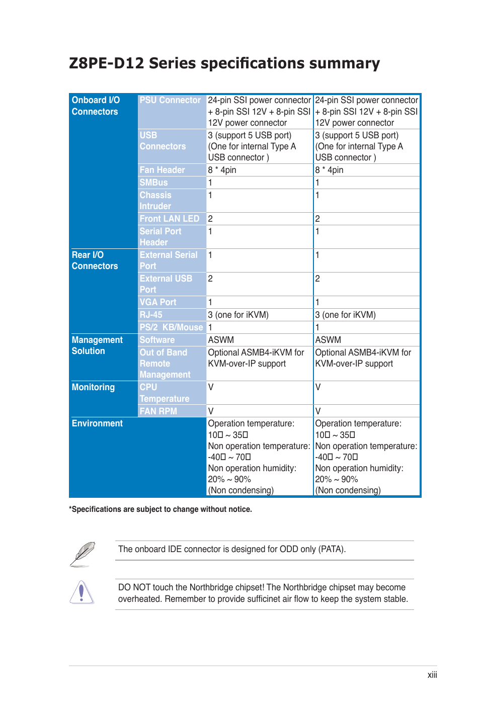 Z8pe-d12 series specifications summary | Asus Z8PE-D12 User Manual | Page 13 / 170