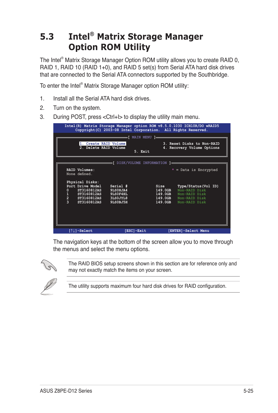3 intel, Matrix storage manager option rom utility, The intel | Asus Z8PE-D12 User Manual | Page 131 / 170