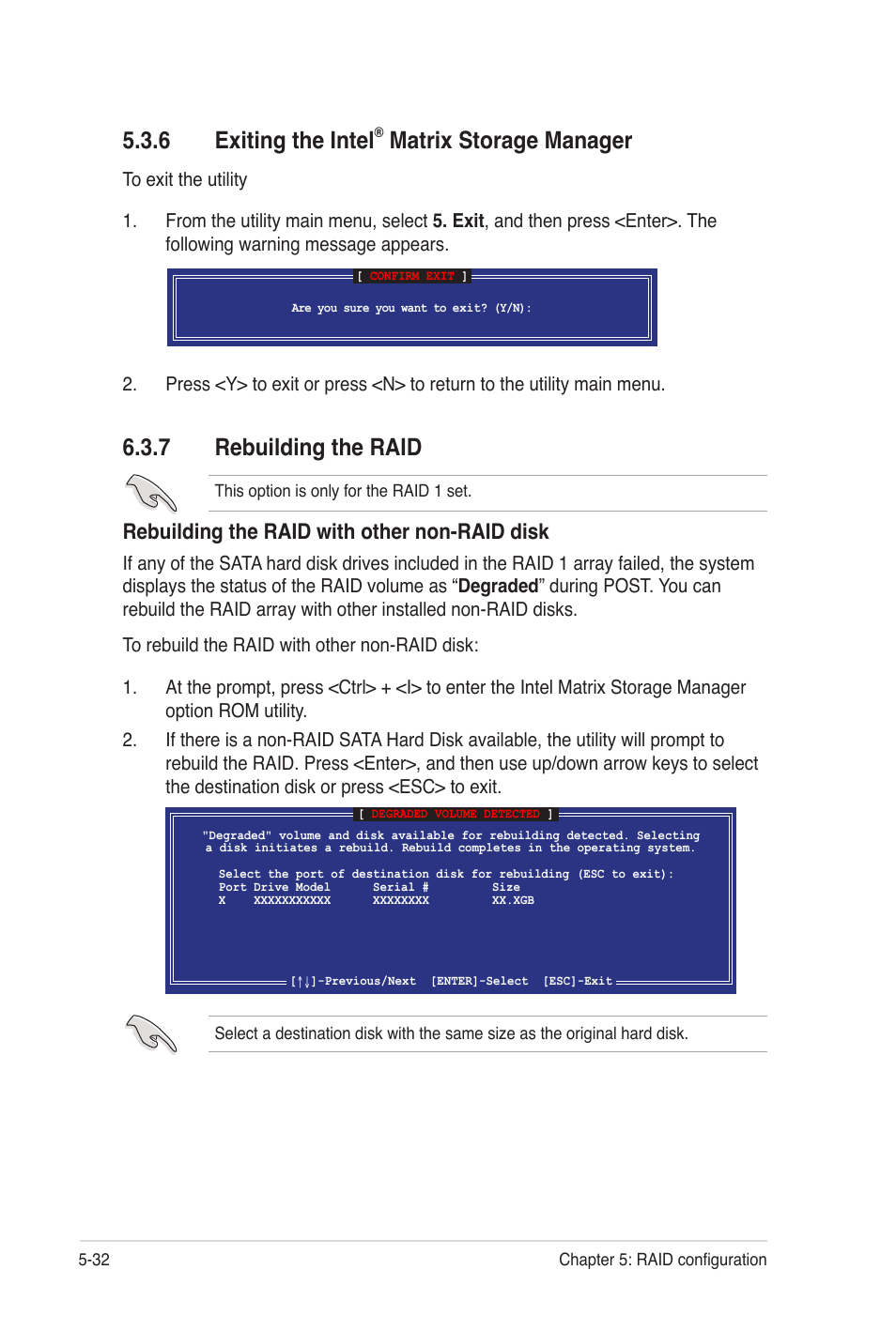 7 rebuilding the raid, 6 exiting the intel, Matrix storage manager | Rebuilding the raid with other non-raid disk | Asus Z8PE-D12 User Manual | Page 138 / 170