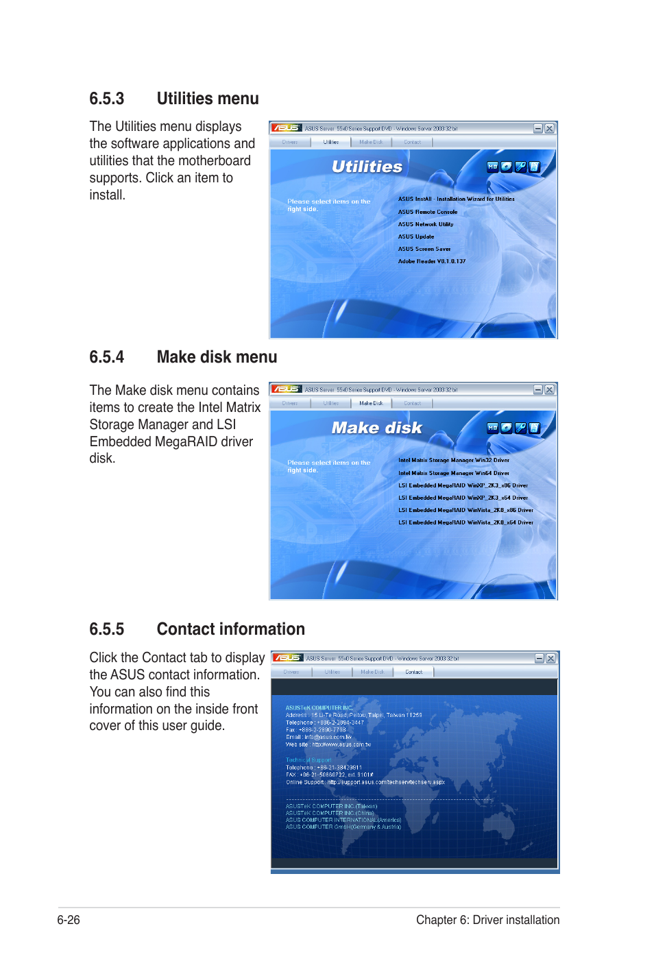 3 utilities menu, 4 make disk menu, 5 contact information | Asus Z8PE-D12 User Manual | Page 166 / 170