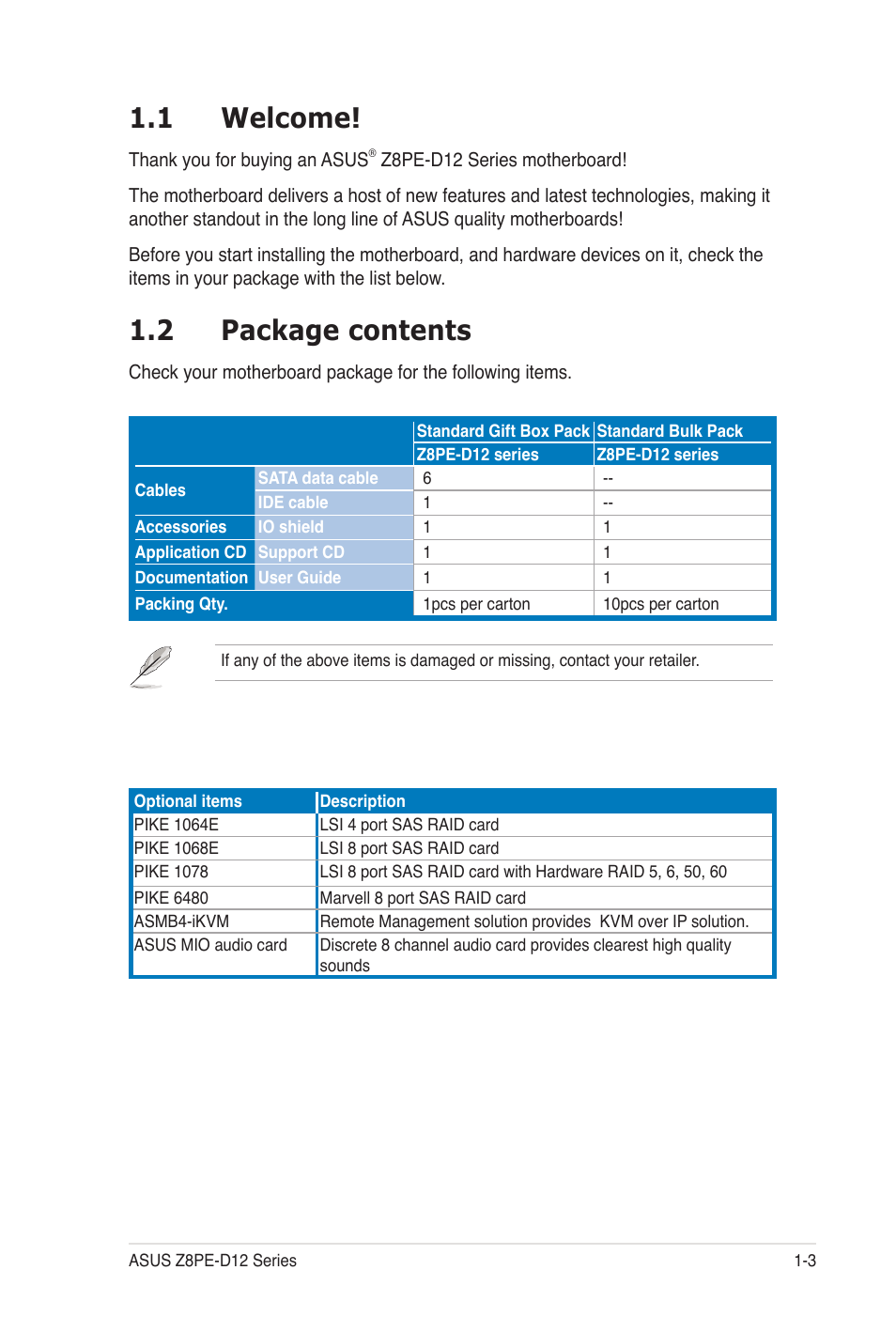 1 welcome, 2 package contents | Asus Z8PE-D12 User Manual | Page 17 / 170