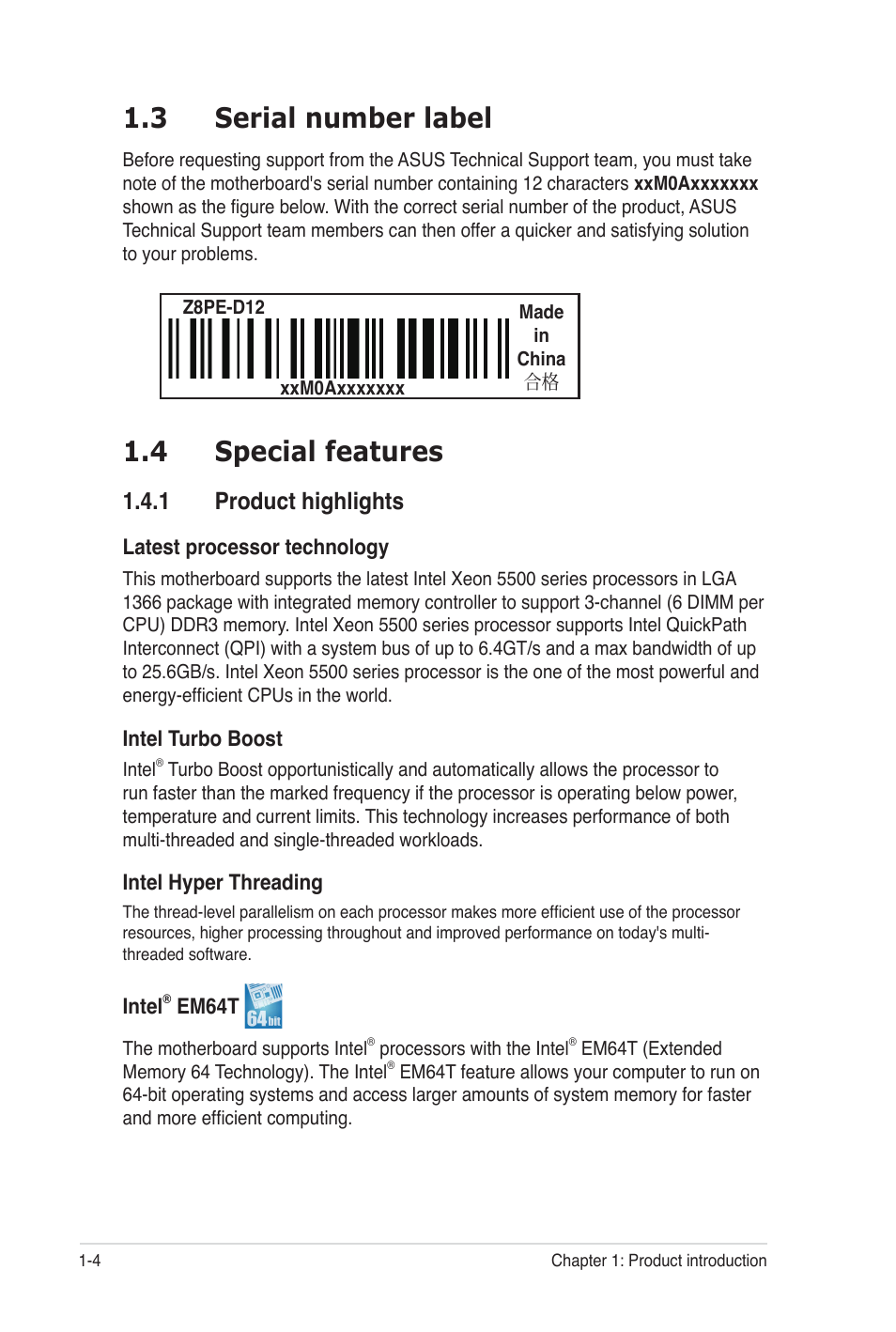4 special features, 3 serial number label, 1 product highlights | Asus Z8PE-D12 User Manual | Page 18 / 170