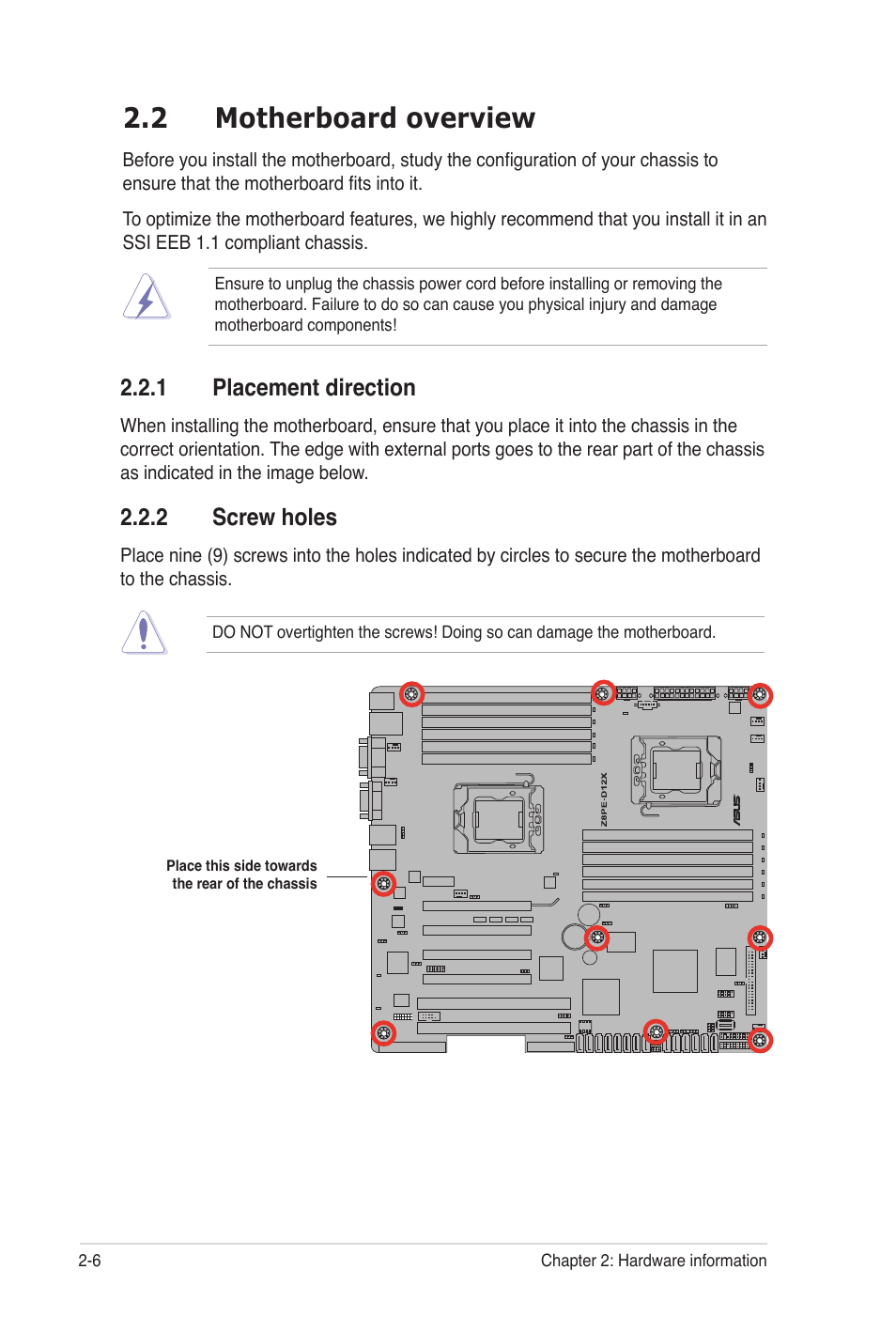 2 motherboard overview, 1 placement direction, 2 screw holes | Asus Z8PE-D12 User Manual | Page 26 / 170