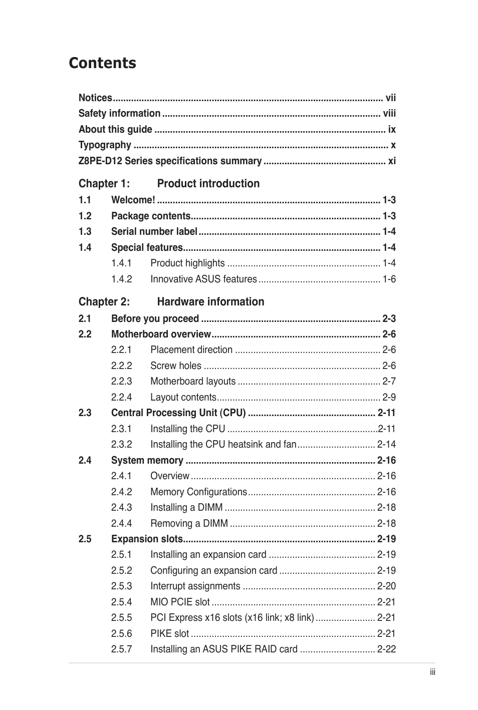 Asus Z8PE-D12 User Manual | Page 3 / 170