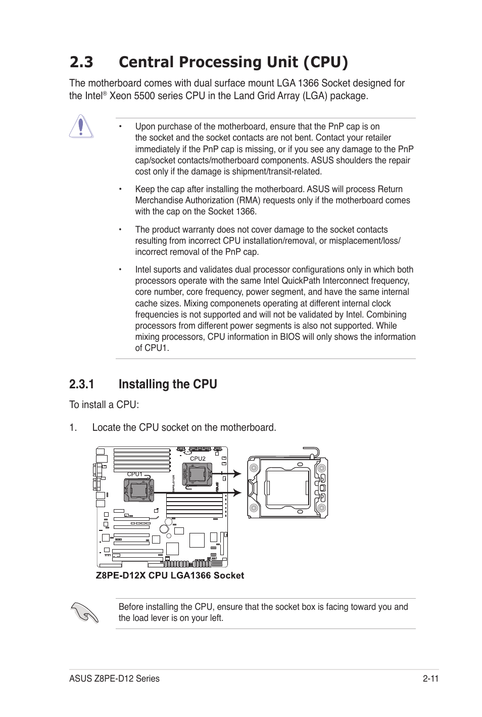3 central processing unit (cpu), 1 installing the cpu | Asus Z8PE-D12 User Manual | Page 31 / 170