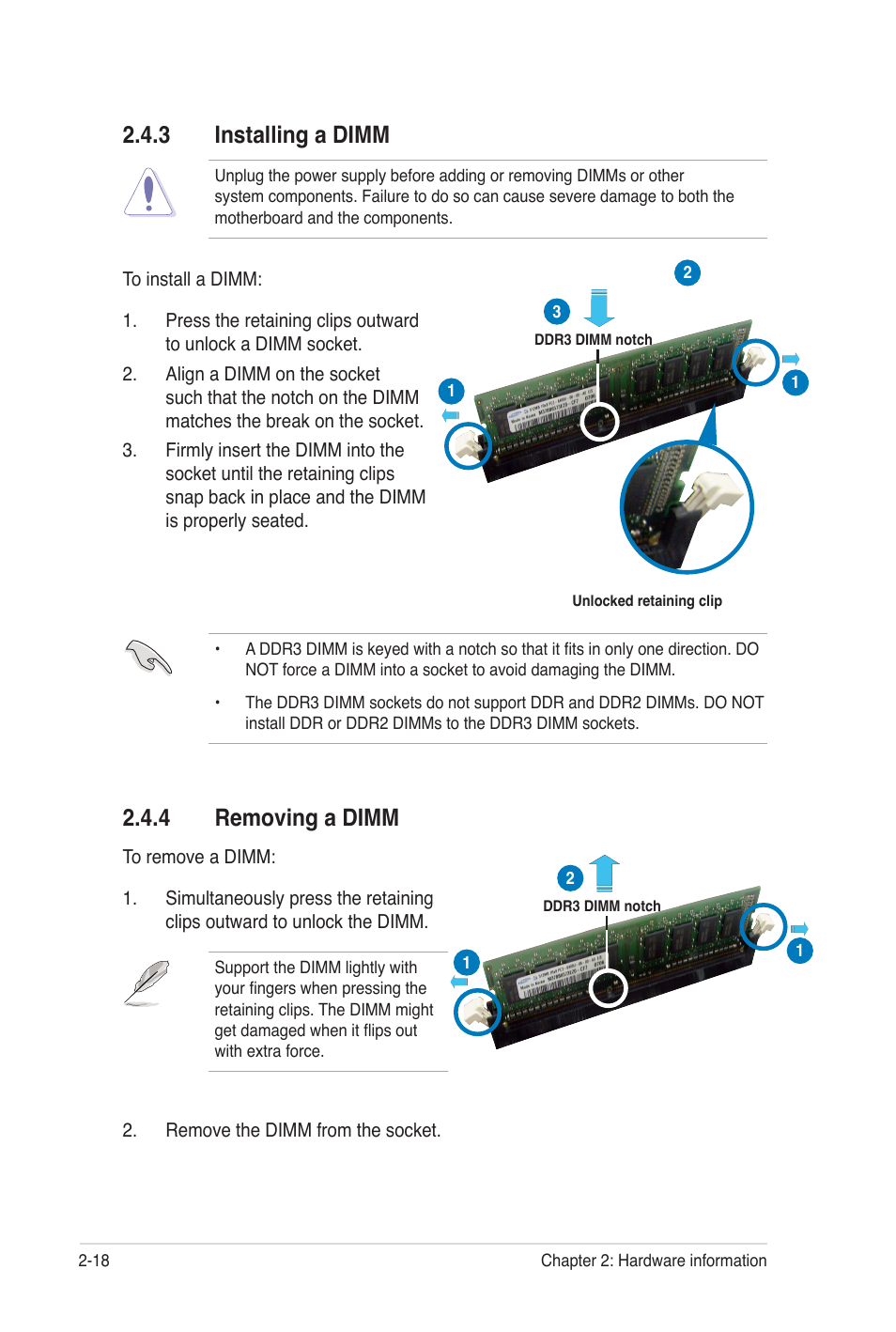 3 installing a dimm, 4 removing a dimm | Asus Z8PE-D12 User Manual | Page 38 / 170
