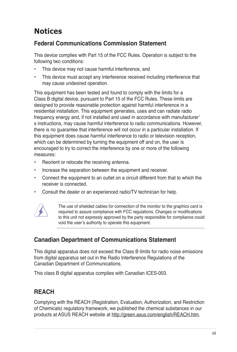 Notices, Federal communications commission statement, Canadian department of communications statement | Reach | Asus Z8PE-D12 User Manual | Page 7 / 170