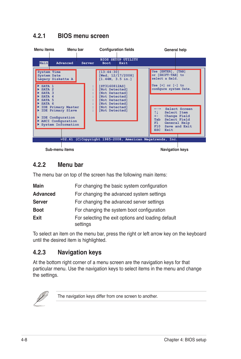 2 menu bar, 3 navigation keys, 1 bios menu screen | Asus Z8PE-D12 User Manual | Page 74 / 170