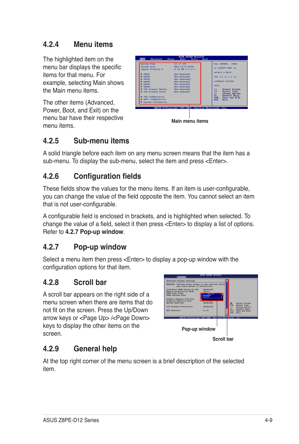 4 menu items, 5 sub-menu items, 6 configuration fields | 7 pop-up window, 8 scroll bar, 9 general help | Asus Z8PE-D12 User Manual | Page 75 / 170