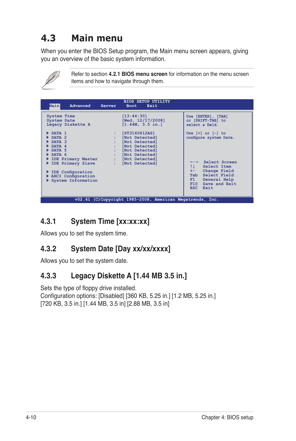 3 main menu, 1 system time [xx:xx:xx, Allows you to set the system time | Allows you to set the system date | Asus Z8PE-D12 User Manual | Page 76 / 170