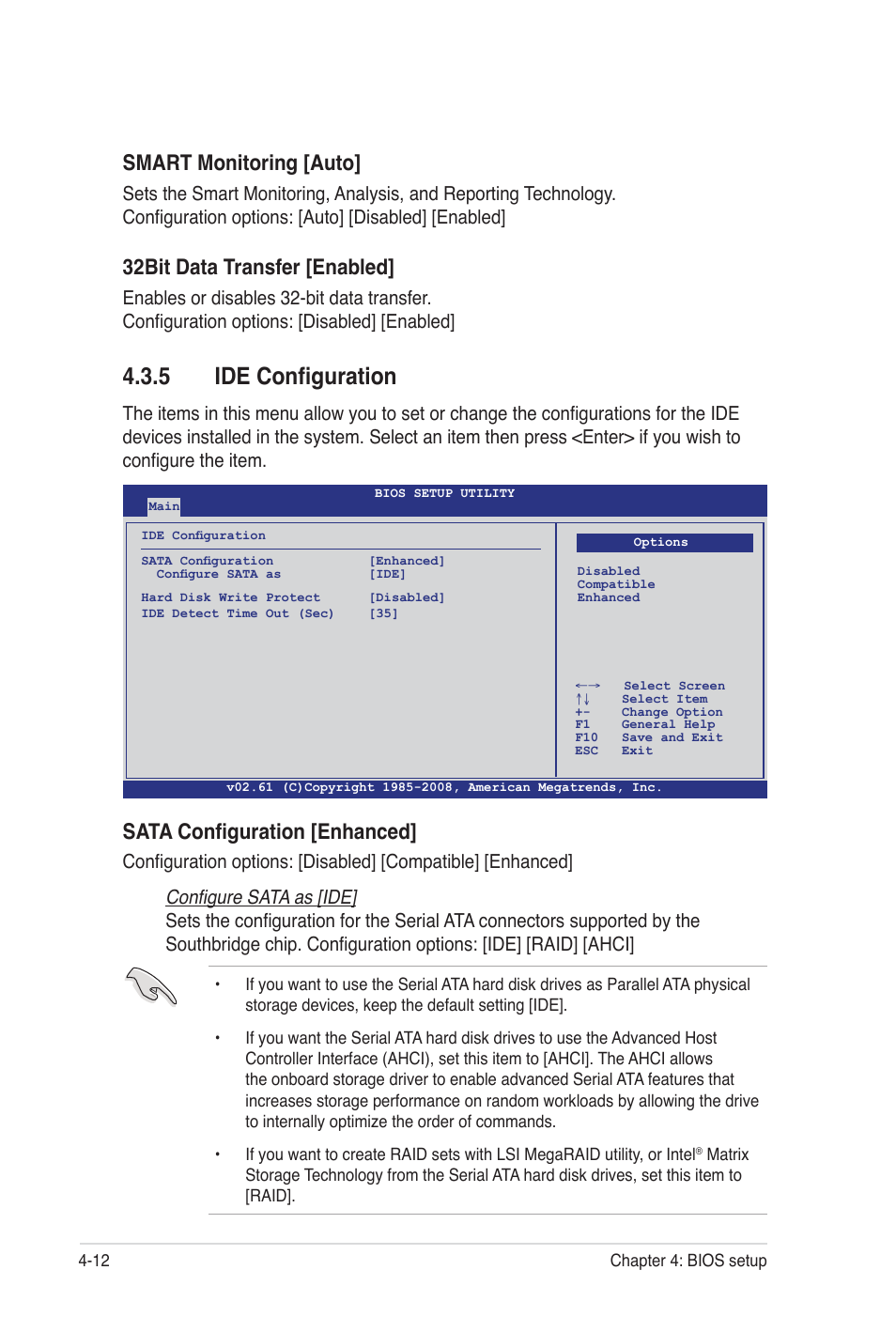 5 ide configuration, Smart monitoring [auto, 32bit data transfer [enabled | Sata configuration [enhanced, Configure sata as [ide | Asus Z8PE-D12 User Manual | Page 78 / 170