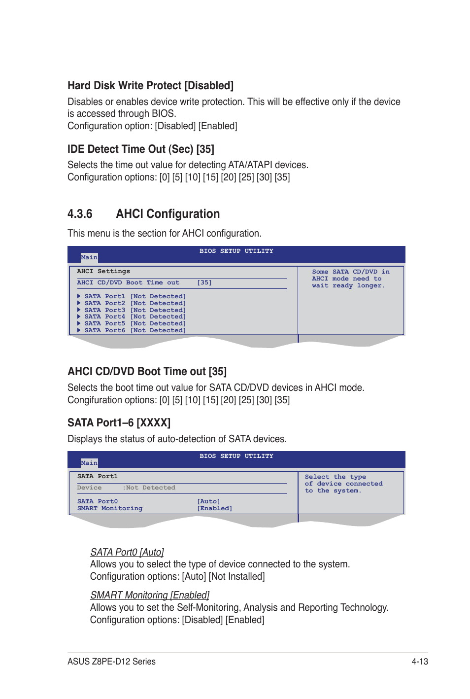 6 ahci configuration, Hard disk write protect [disabled, Ide detect time out (sec) [35 | Ahci cd/dvd boot time out [35, Sata port0 [auto, Smart monitoring [enabled | Asus Z8PE-D12 User Manual | Page 79 / 170