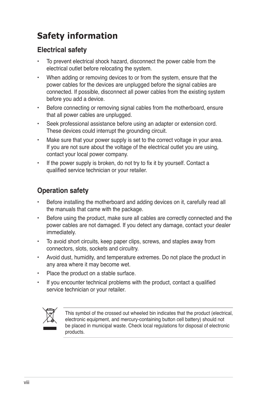 Safety information, Electrical safety, Operation safety | Asus Z8PE-D12 User Manual | Page 8 / 170