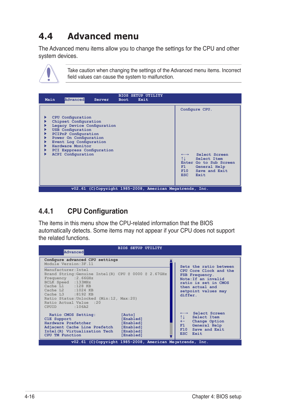 4 advanced menu, 1 cpu configuration, 16 chapter 4: bios setup | Asus Z8PE-D12 User Manual | Page 82 / 170
