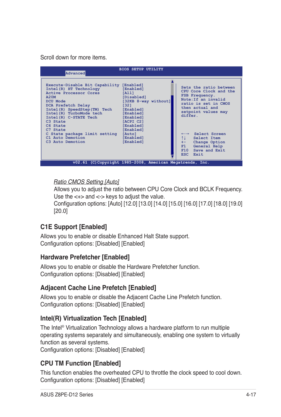 C1e support [enabled, Hardware prefetcher [enabled, Adjacent cache line prefetch [enabled | Intel(r) virtualization tech [enabled, Cpu tm function [enabled, Ratio cmos setting [auto, Scroll down for more items, The intel | Asus Z8PE-D12 User Manual | Page 83 / 170