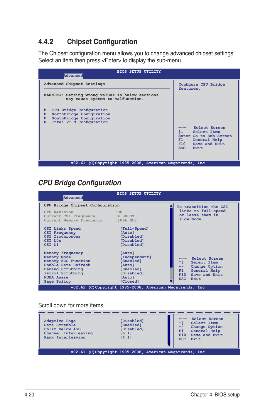 2 chipset configuration, Cpu bridge configuration, Scroll down for more items | 20 chapter 4: bios setup | Asus Z8PE-D12 User Manual | Page 86 / 170