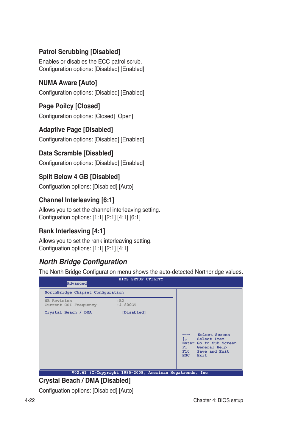North bridge configuration, Patrol scrubbing [disabled, Numa aware [auto | Page poilcy [closed, Adaptive page [disabled, Data scramble [disabled, Split below 4 gb [disabled, Channel interleaving [6:1, Rank interleaving [4:1, Crystal beach / dma [disabled | Asus Z8PE-D12 User Manual | Page 88 / 170