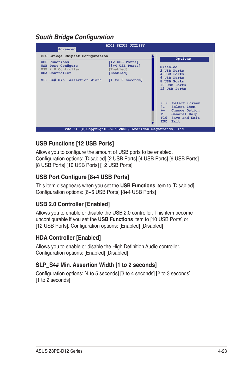 South bridge configuration, Usb functions [12 usb ports, Usb port configure [8+4 usb ports | Usb 2.0 controller [enabled, Hda controller [enabled, Slp_s4# min. assertion width [1 to 2 seconds | Asus Z8PE-D12 User Manual | Page 89 / 170