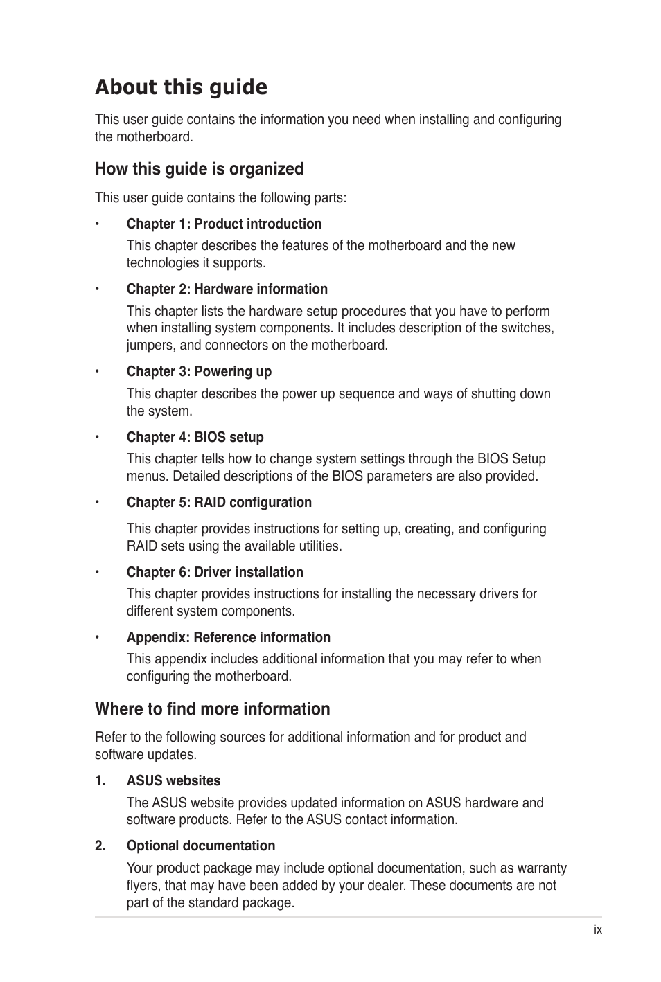 About this guide, How this guide is organized, Where to find more information | Asus Z8PE-D12 User Manual | Page 9 / 170