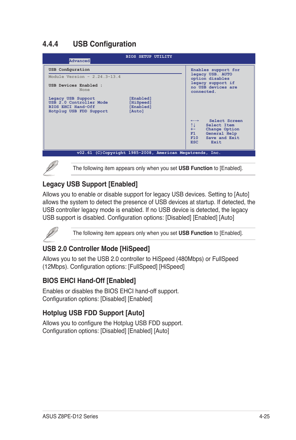 4 usb configuration, Legacy usb support [enabled, Usb 2.0 controller mode [hispeed | Bios ehci hand-off [enabled, Hotplug usb fdd support [auto | Asus Z8PE-D12 User Manual | Page 91 / 170