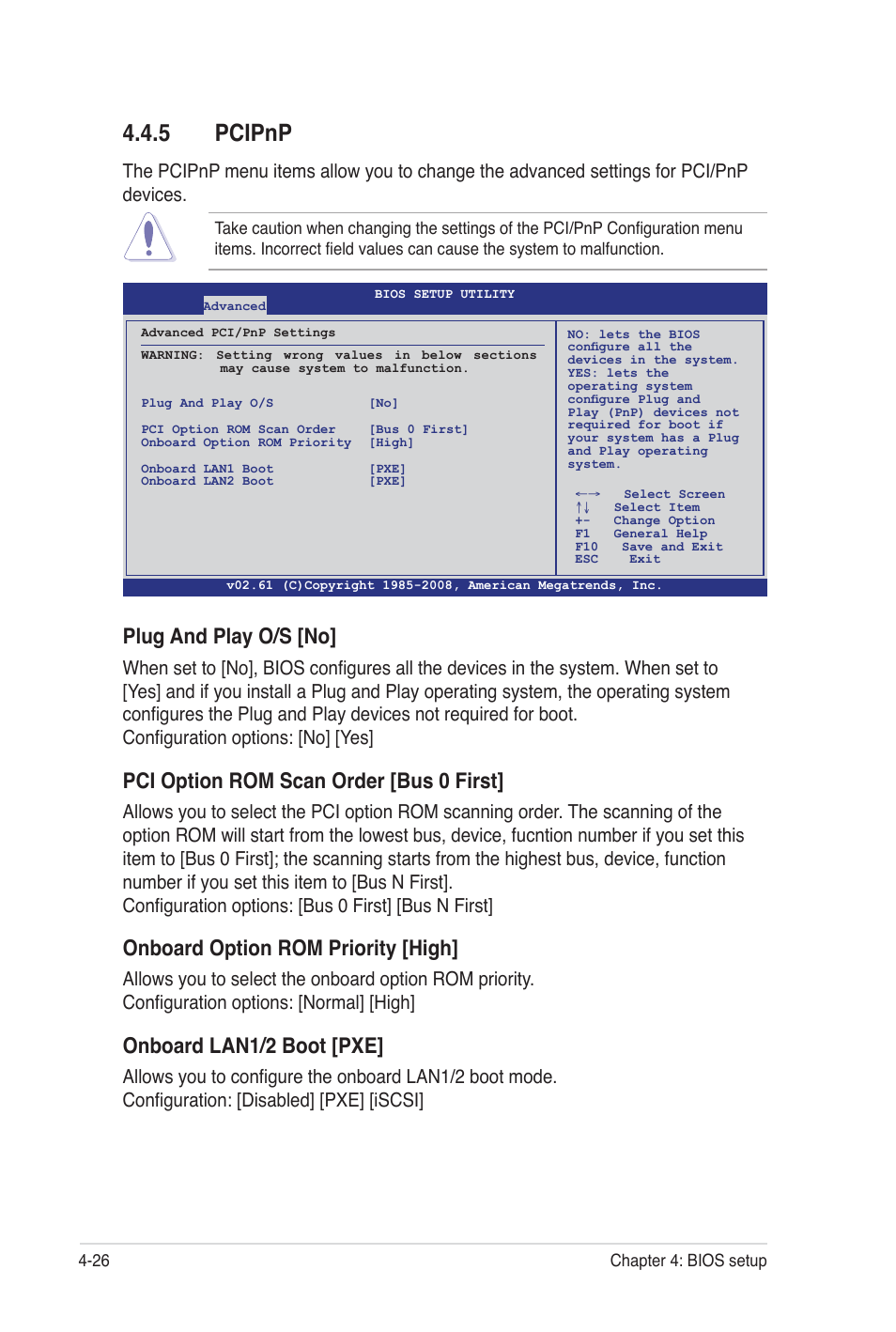 5 pcipnp, Plug and play o/s [no, Pci option rom scan order [bus 0 first | Onboard option rom priority [high, Onboard lan1/2 boot [pxe | Asus Z8PE-D12 User Manual | Page 92 / 170