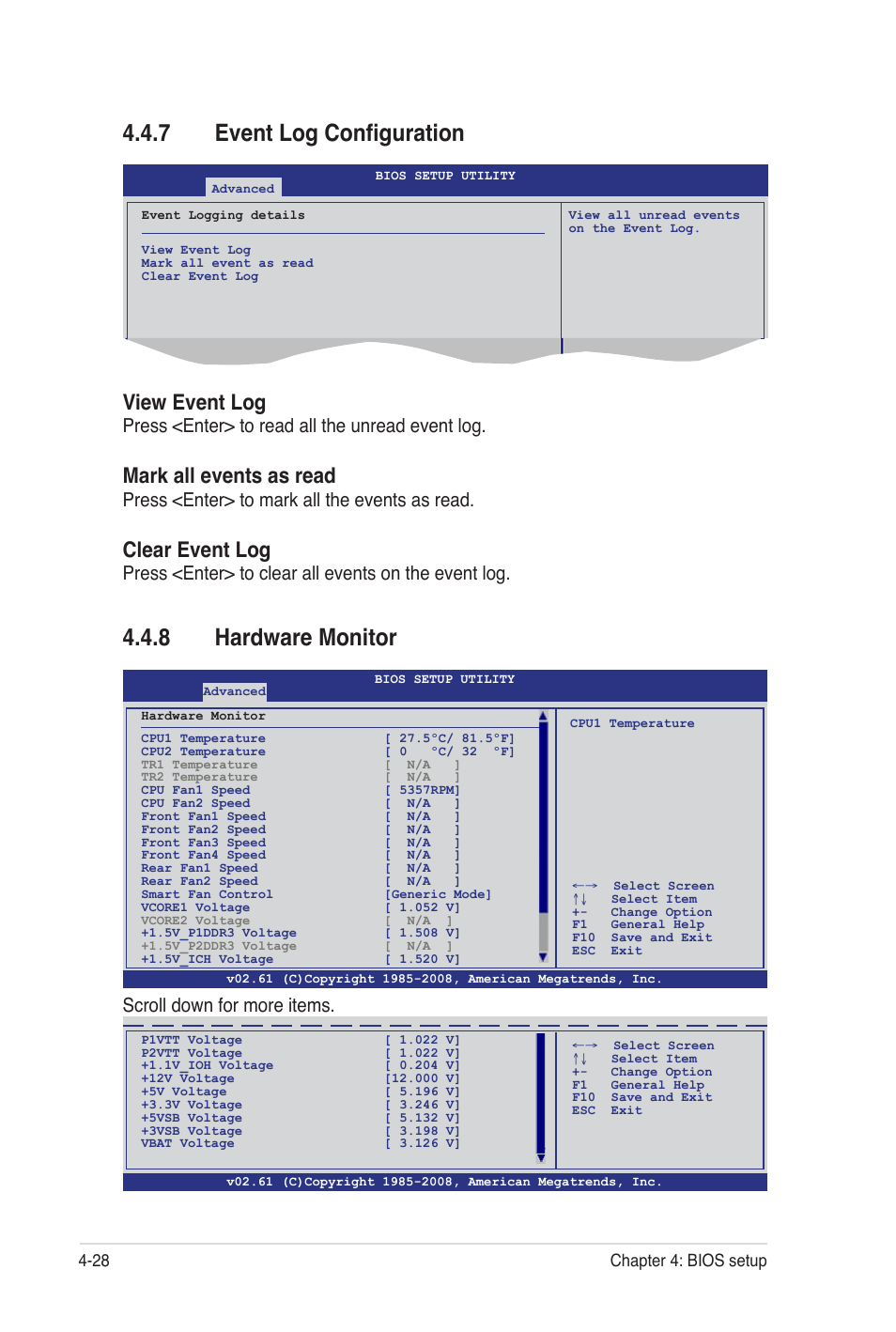 7 event log configuration, 8 hardware monitor, View event log | Mark all events as read, Clear event log, Press <enter> to read all the unread event log, Press <enter> to mark all the events as read, Press <enter> to clear all events on the event log, Scroll down for more items, 28 chapter 4: bios setup | Asus Z8PE-D12 User Manual | Page 94 / 170