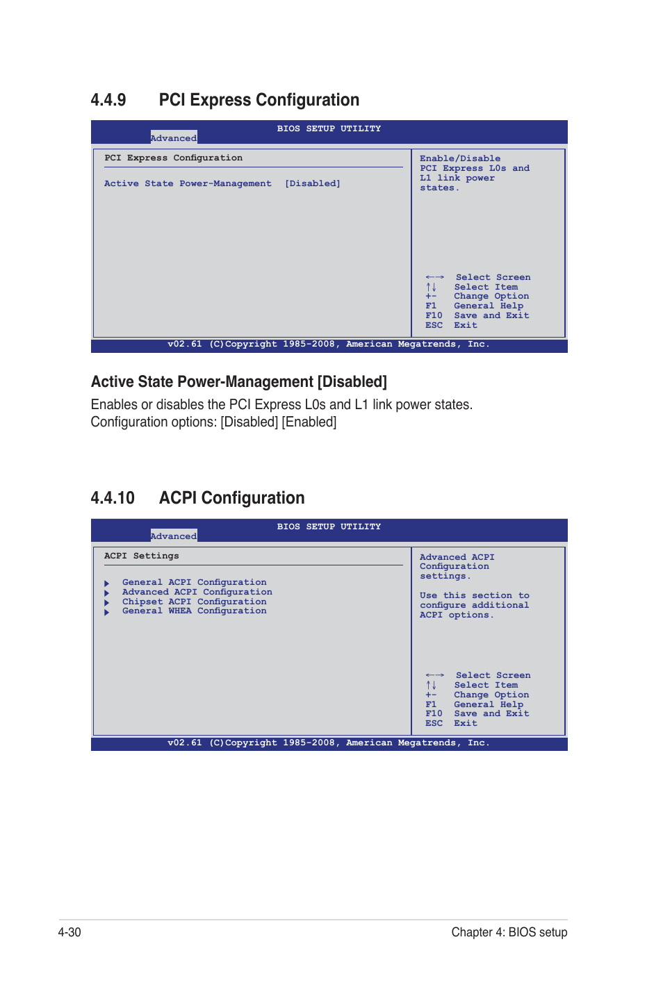 10 acpi configuration, 9 pci express configuration, Active state power-management [disabled | 30 chapter 4: bios setup | Asus Z8PE-D12 User Manual | Page 96 / 170