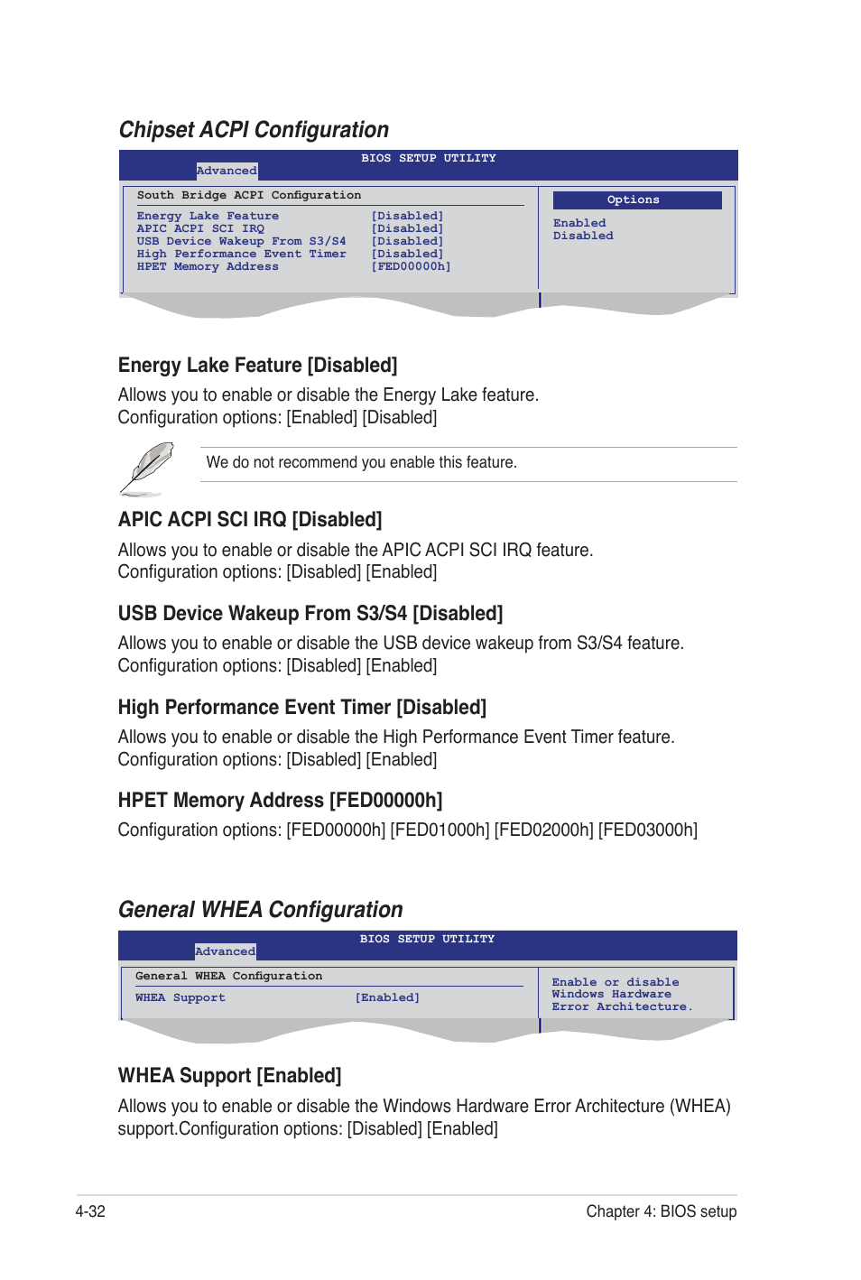 Chipset acpi configuration, General whea configuration, Energy lake feature [disabled | Apic acpi sci irq [disabled, Usb device wakeup from s3/s4 [disabled, High performance event timer [disabled, Whea support [enabled | Asus Z8PE-D12 User Manual | Page 98 / 170