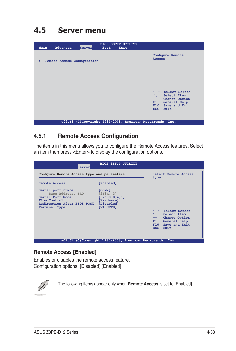 5 server menu, 1 remote access configuration, Remote access [enabled | Asus Z8PE-D12 User Manual | Page 99 / 170