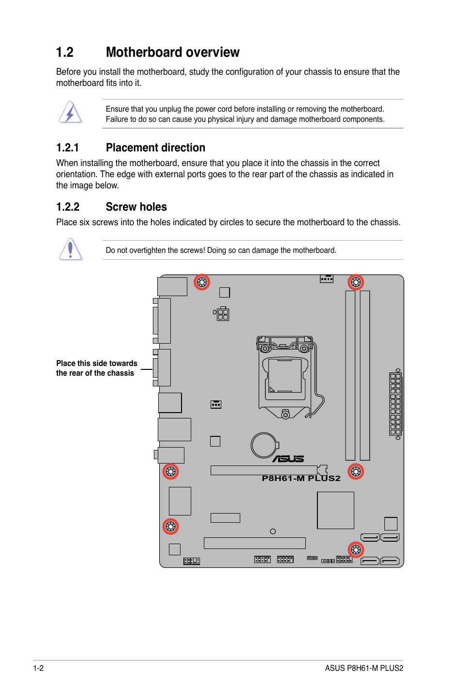 2 motherboard overview, 1 placement direction, 2 screw holes | Motherboard overview -2 1.2.1, Placement direction -2, Screw holes -2 | Asus P8H61-M PLUS2 User Manual | Page 12 / 60
