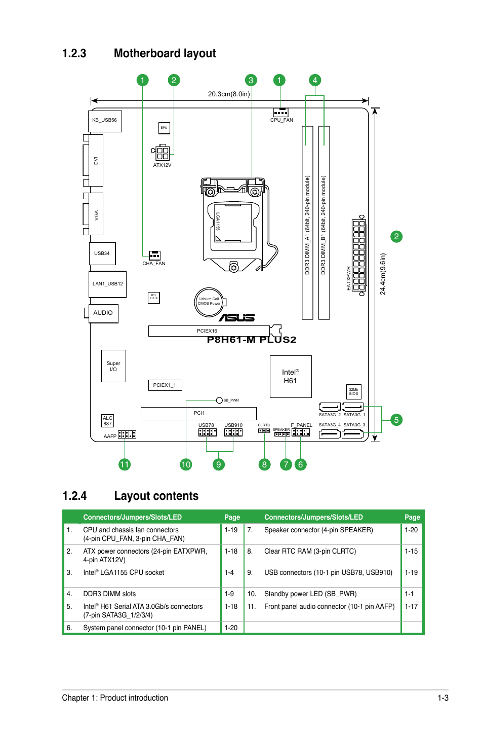 3 motherboard layout, 4 layout contents, Motherboard layout -3 | Layout contents -3, 3 motherboard layout 1.2.4 layout contents, P8h61-m plus2, 3 chapter 1: product introduction | Asus P8H61-M PLUS2 User Manual | Page 13 / 60