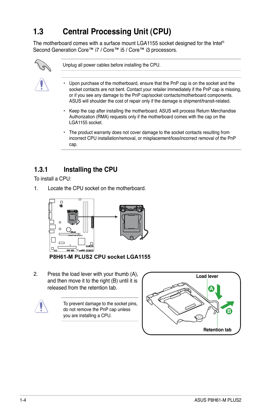 3 central processing unit (cpu), 1 installing the cpu, Central processing unit (cpu) -4 1.3.1 | Installing the cpu -4 | Asus P8H61-M PLUS2 User Manual | Page 14 / 60