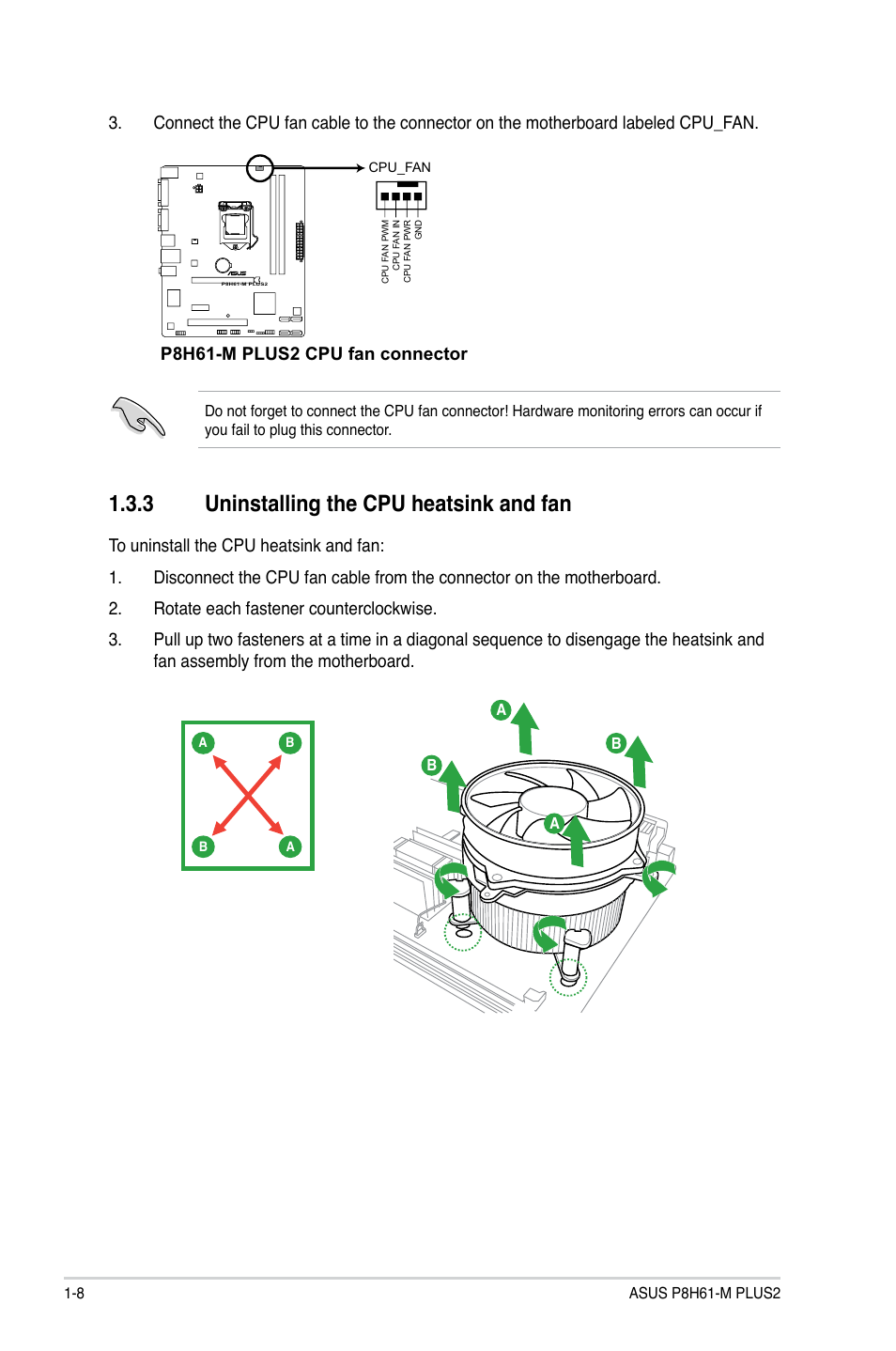 3 uninstalling the cpu heatsink and fan, Uninstalling the cpu heatsink and fan -8, P8h61-m plus2 cpu fan connector | Asus P8H61-M PLUS2 User Manual | Page 18 / 60