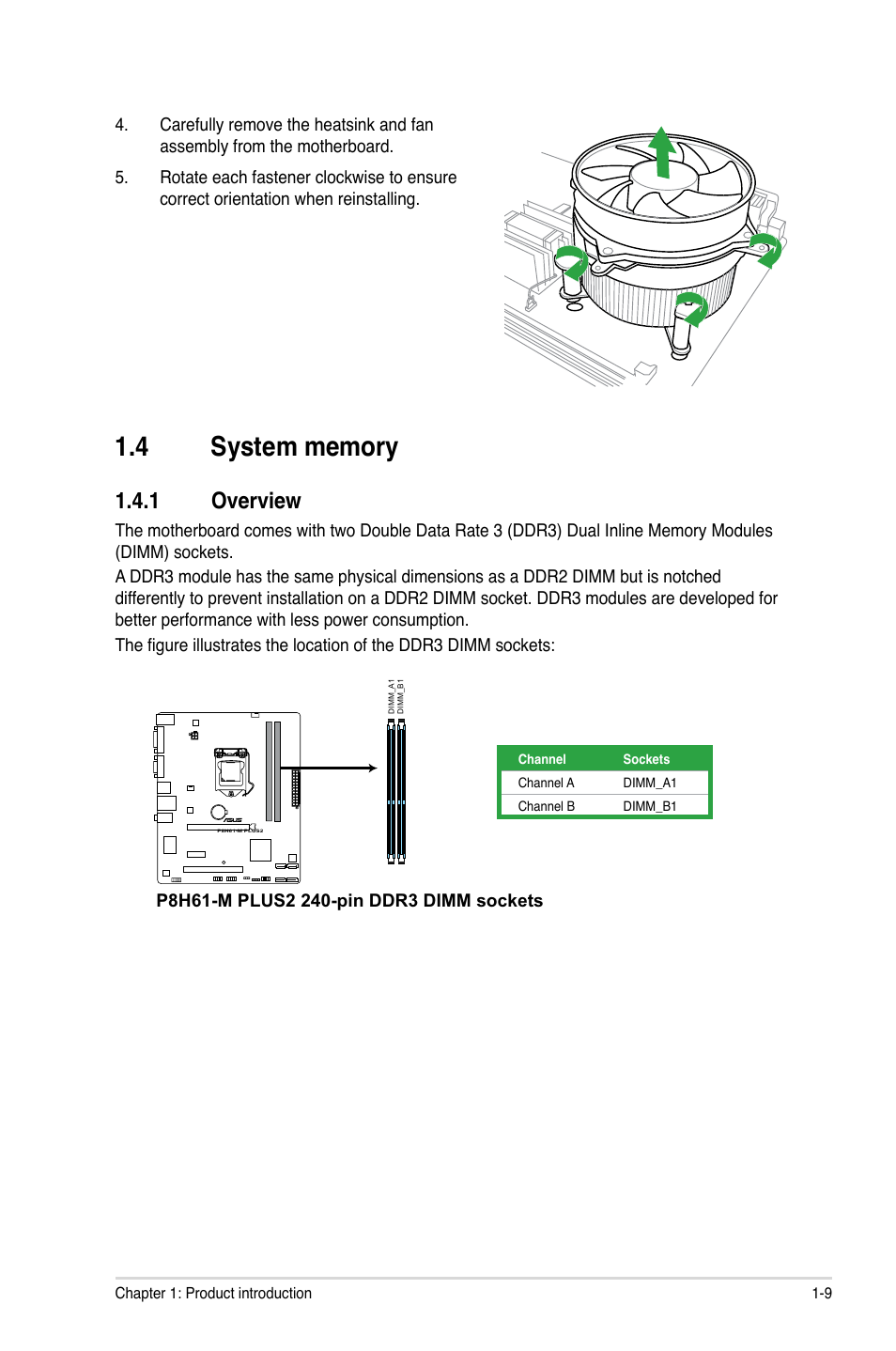 4 system memory, 1 overview, System memory -9 1.4.1 | Overview -9 | Asus P8H61-M PLUS2 User Manual | Page 19 / 60