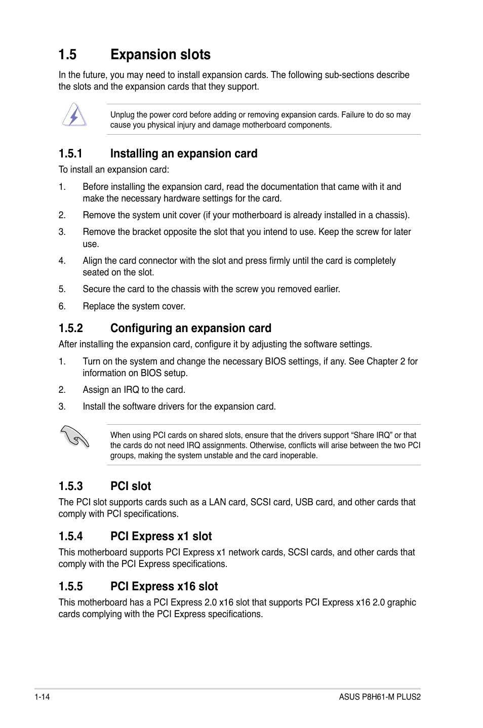 5 expansion slots, 1 installing an expansion card, 2 configuring an expansion card | 3 pci slot, 4 pci express x1 slot, 5 pci express x16 slot, Expansion slots -14 1.5.1, Installing an expansion card -14, Configuring an expansion card -14, Pci slot -14 | Asus P8H61-M PLUS2 User Manual | Page 24 / 60