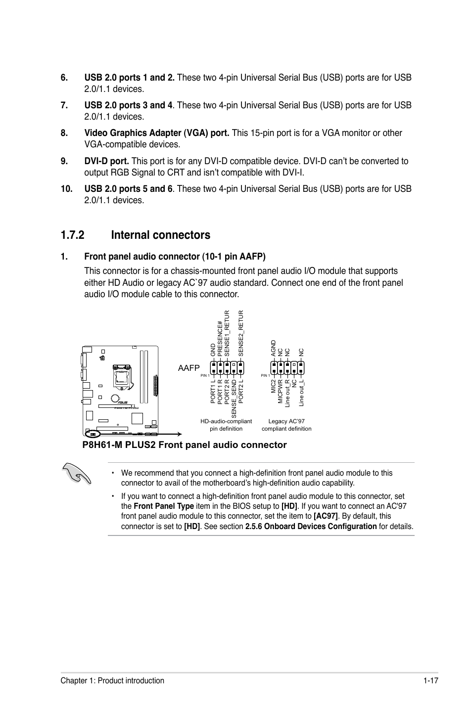 2 internal connectors, Internal connectors -17, P8h61-m plus2 front panel audio connector | Asus P8H61-M PLUS2 User Manual | Page 27 / 60