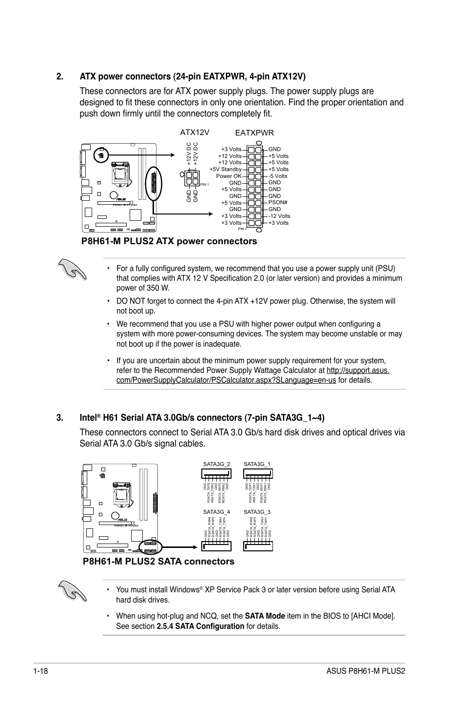 P8h61-m plus2 atx power connectors, Intel, P8h61-m plus2 sata connectors | Eatxpwr, Atx12v, You must install windows | Asus P8H61-M PLUS2 User Manual | Page 28 / 60