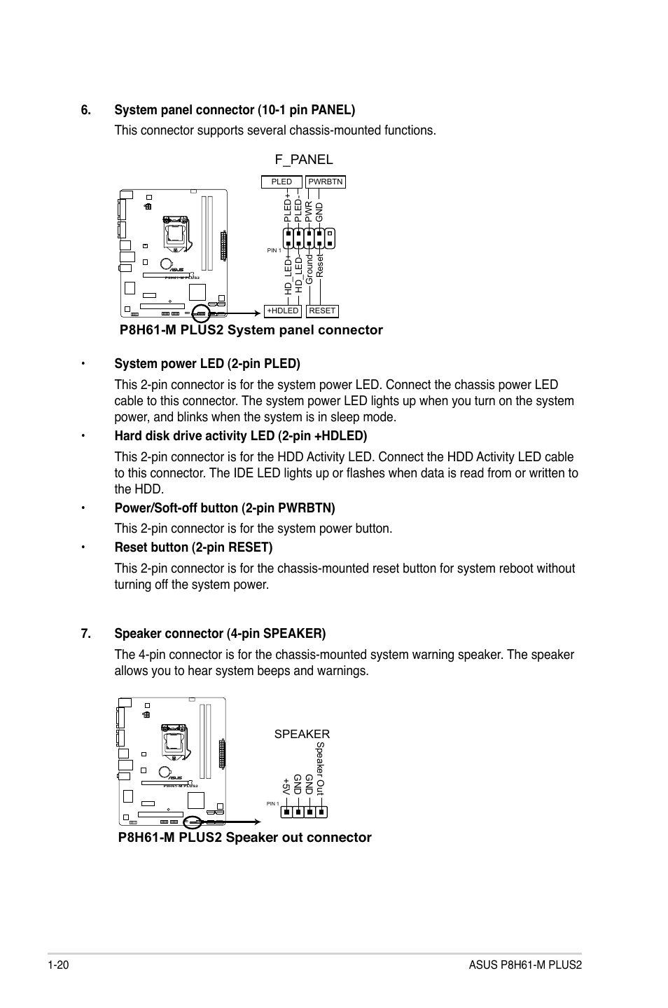 P8h61-m plus2 speaker out connector, F_panel, P8h61-m plus2 system panel connector | Asus P8H61-M PLUS2 User Manual | Page 30 / 60