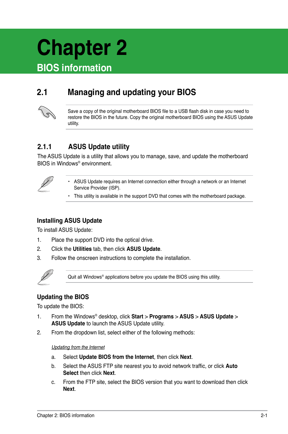 Chapter 2, Bios information, 1 managing and updating your bios | 1 asus update utility, Managing and updating your bios -1 2.1.1, Asus update utility -1 | Asus P8H61-M PLUS2 User Manual | Page 33 / 60