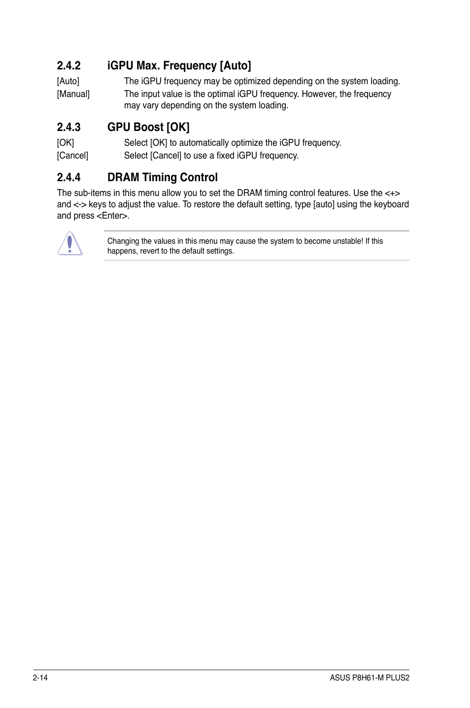 2 igpu max. frequency [auto, 3 gpu boost [ok, 4 dram timing control | Igpu max. frequency -14, Gpu boost -14, Dram timing control -14 | Asus P8H61-M PLUS2 User Manual | Page 46 / 60