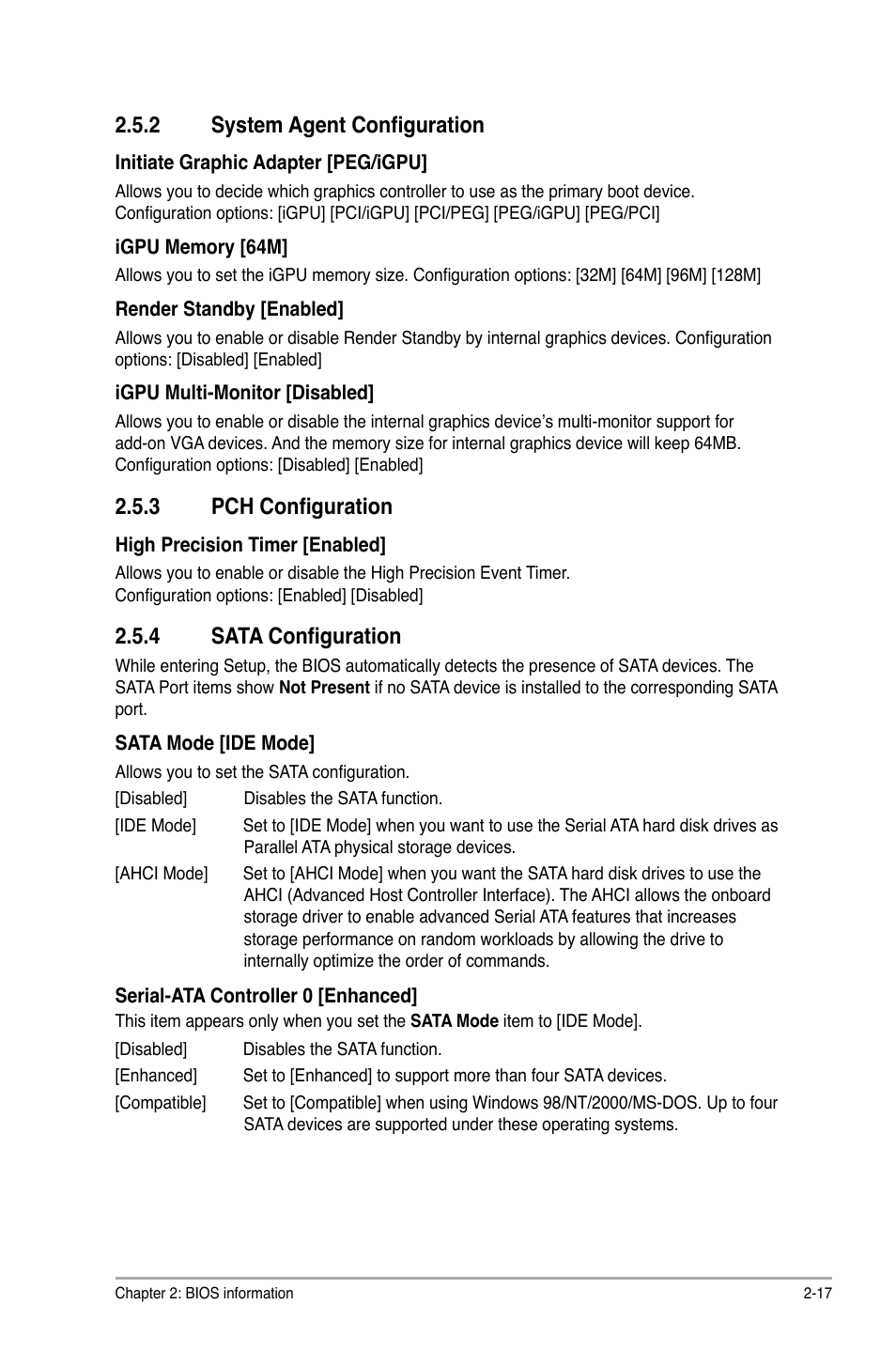 2 system agent configuration, 3 pch configuration, 4 sata configuration | System agent configuration -17, Pch configuration -17, Sata configuration -17 | Asus P8H61-M PLUS2 User Manual | Page 49 / 60