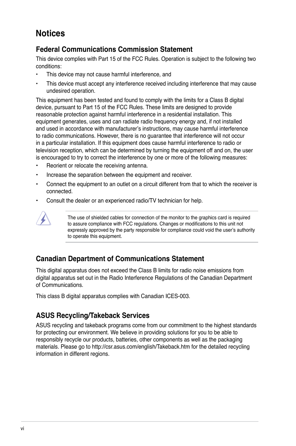 Notices, Federal communications commission statement, Canadian department of communications statement | Asus recycling/takeback services | Asus P8H61-M PLUS2 User Manual | Page 6 / 60