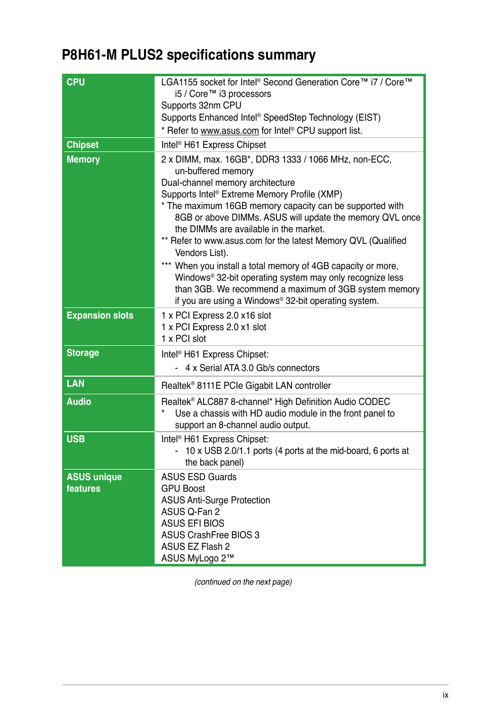 P8h61-m plus2 specifications summary | Asus P8H61-M PLUS2 User Manual | Page 9 / 60
