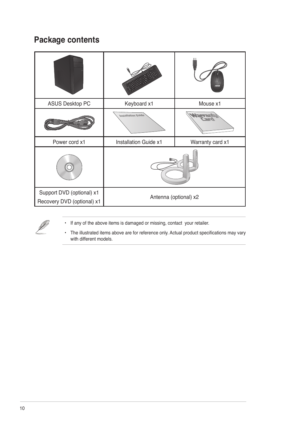 Package contents | Asus CM1740 User Manual | Page 10 / 70