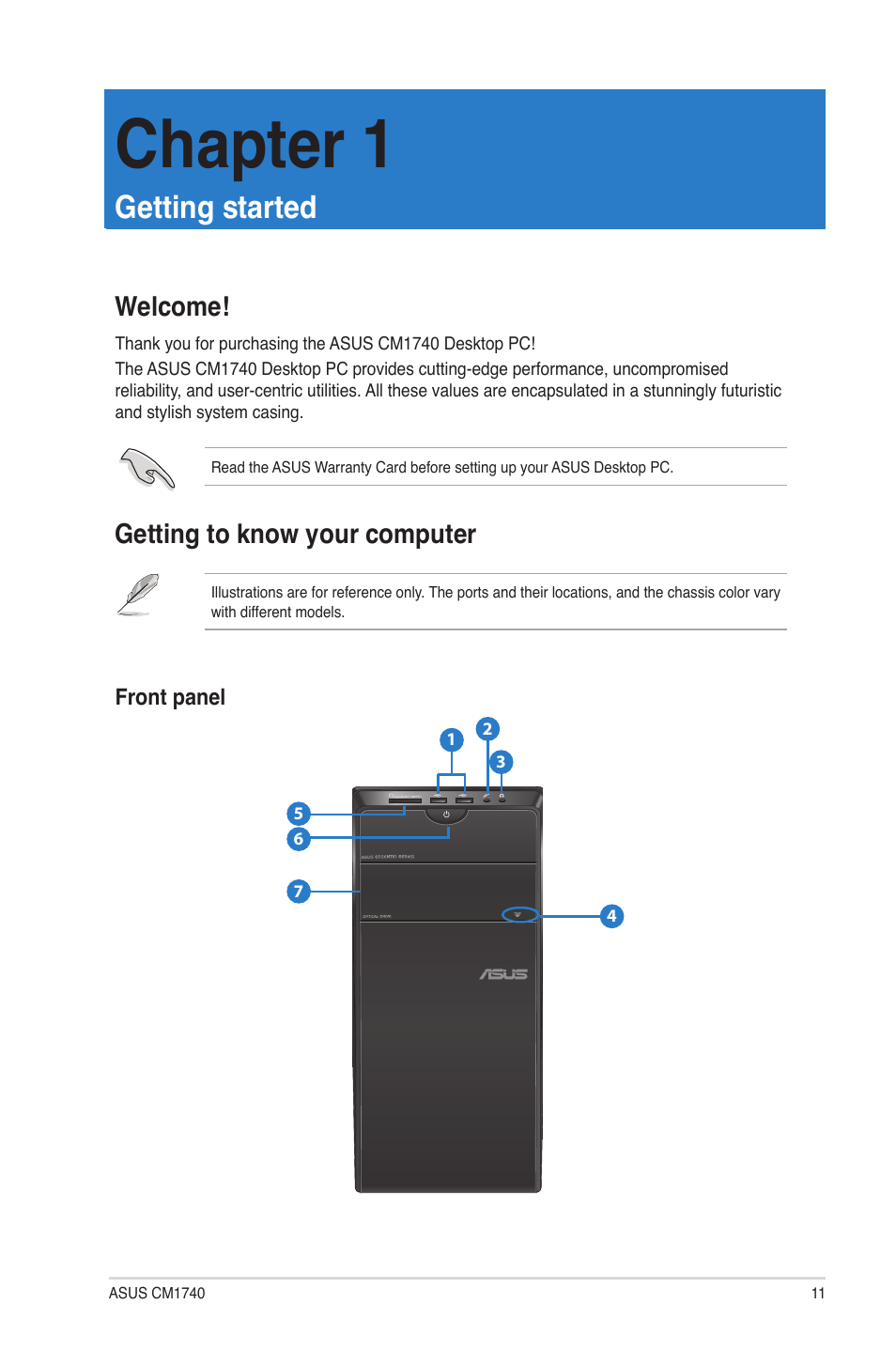 Chapter 1: getting started, Welcome, Getting to know your computer | Getting started, Welcome! getting to know your computer, Chapter 1 | Asus CM1740 User Manual | Page 11 / 70